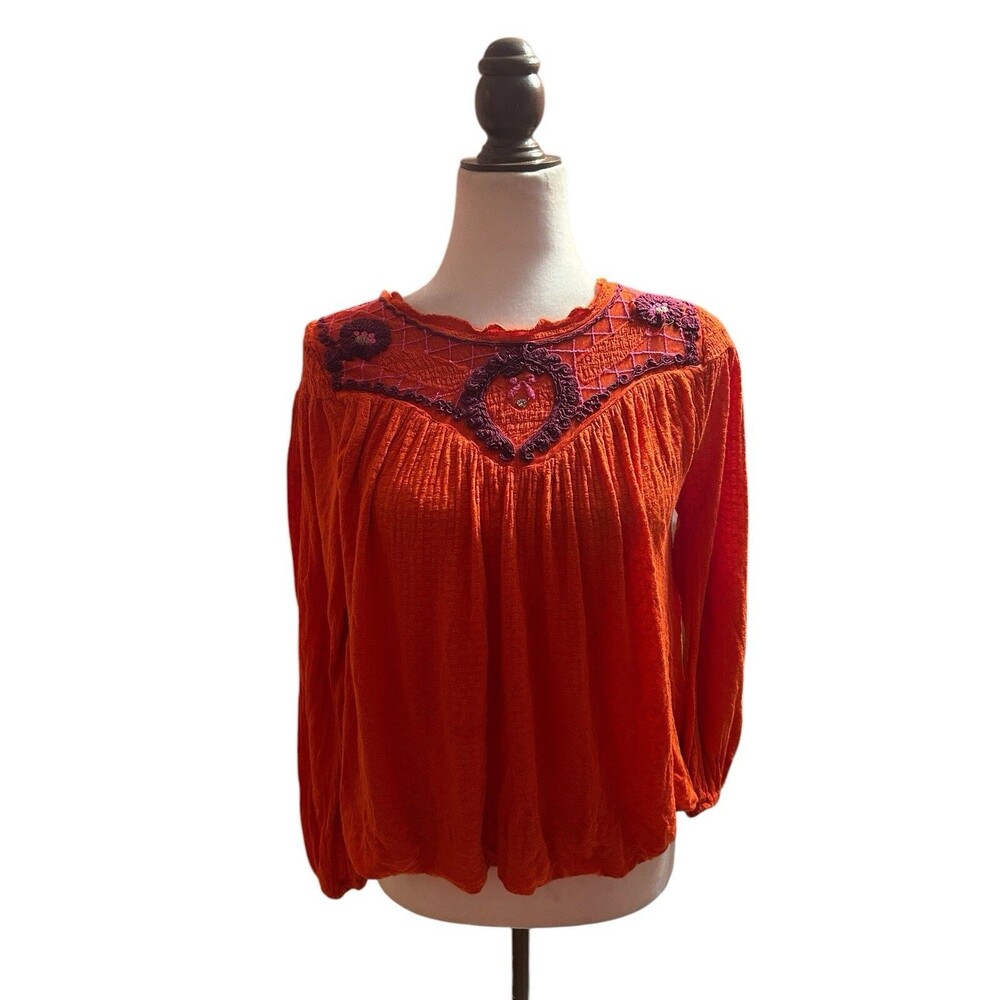 Free People Peasant Blouse Embroidered Top Orange Begonia Hip Size XS Tall Shirt